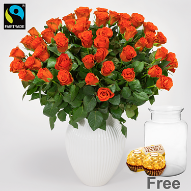 50 orange Fairtrade premium roses in a bunch with premium vase & 2 Ferrero Rocher