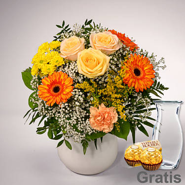 Blumenstrauß Frühlingsglanz mit Vase & 2 Ferrero Rocher