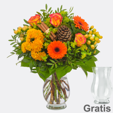 frisch gebunden Blumenstrauß Goldschimmer mit Vase