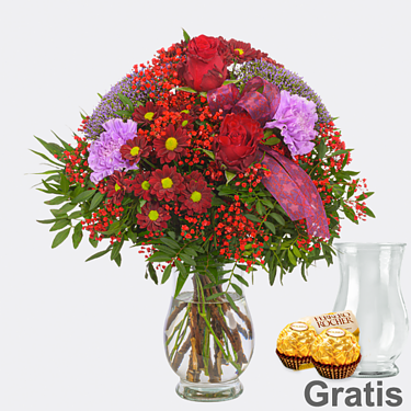 Blumenstrauß Red Velvet mit Vase & 2 Ferrero Rocher