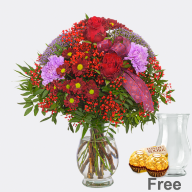 Flower Bouquet Red Velvet with vase & 2 Ferrero Rocher
