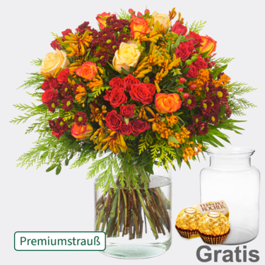 Premiumstrauß Sternstunde mit Premiumvase & 2 Ferrero Rocher