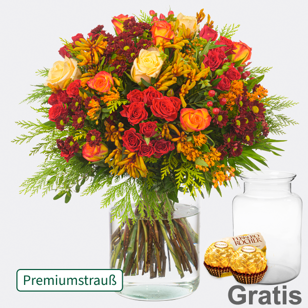 Premiumstrauß Sternstunde mit Premiumvase & 2 Ferrero Rocher