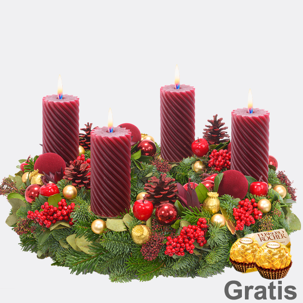 Adventskranz Bordeaux Glory (Ø 40 cm) mit 2 Ferrero Rocher