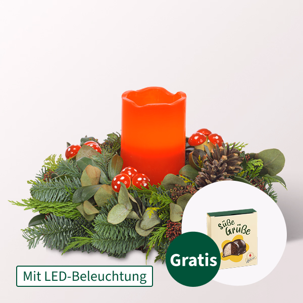 Adventsgesteck mit roter LED-Kerze mit Halloren Kugeln