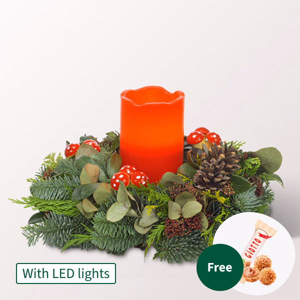 Arrangement with 1 red LED-Candle with 3 Ferrero Giotto