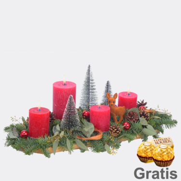 Adventsgesteck Weihnachtswald mit 2 Ferrero Rocher