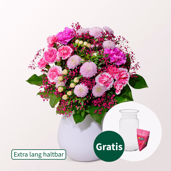 Blumenstrauß Schöner Sommer mit SunLolly Himbeere & Vase
