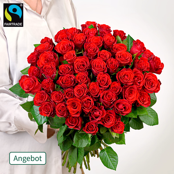50 rote Fairtrade Rosen im Bund mit Ballon-Stecker