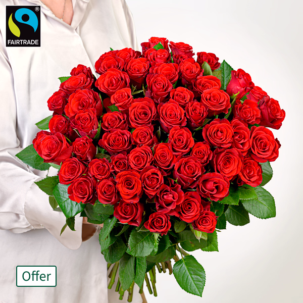 Bunch of 50 Red Fairtrade Roses with Balloon