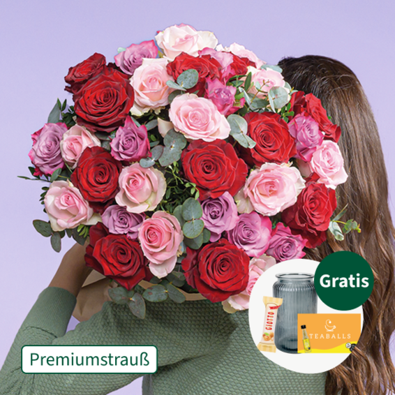 Premiumstrauß Lieblingsmensch mit Premiumvase & Teaballs & Ferrero Giotto 3er