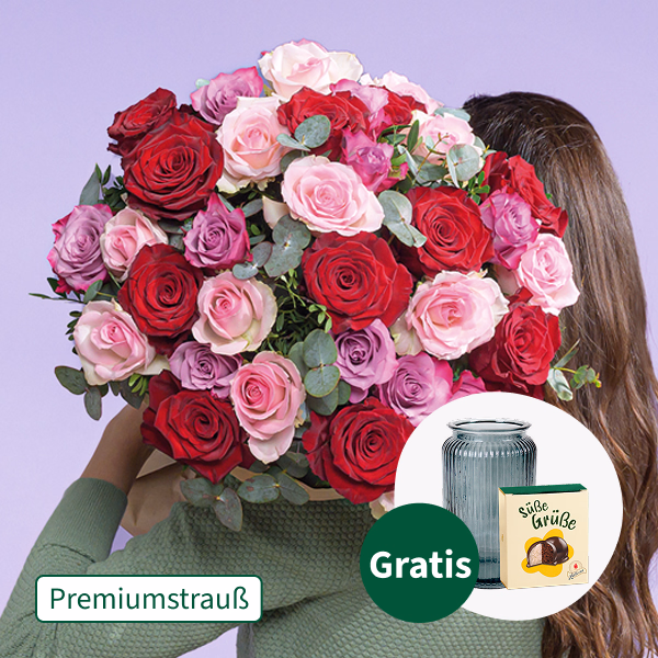 Premiumstrauß Lieblingsmensch mit Premiumvase & Halloren Kugeln