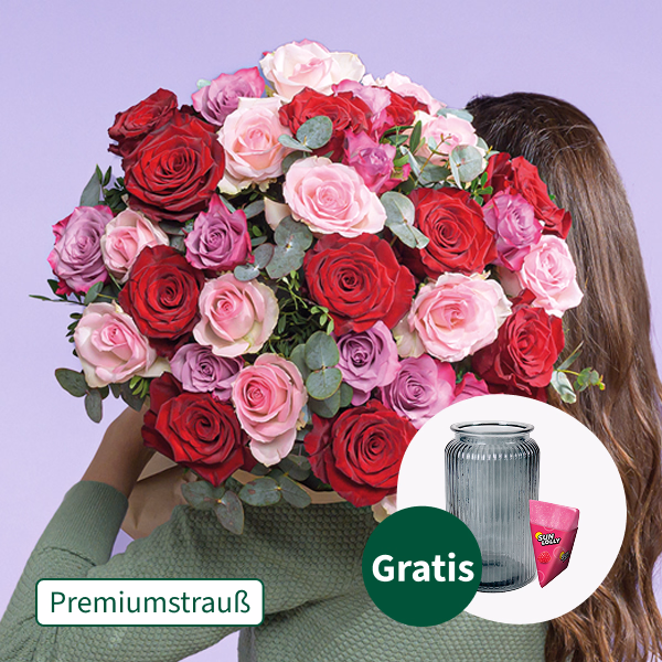 Premiumstrauß Lieblingsmensch mit Premiumvase & SunLolly Himbeere