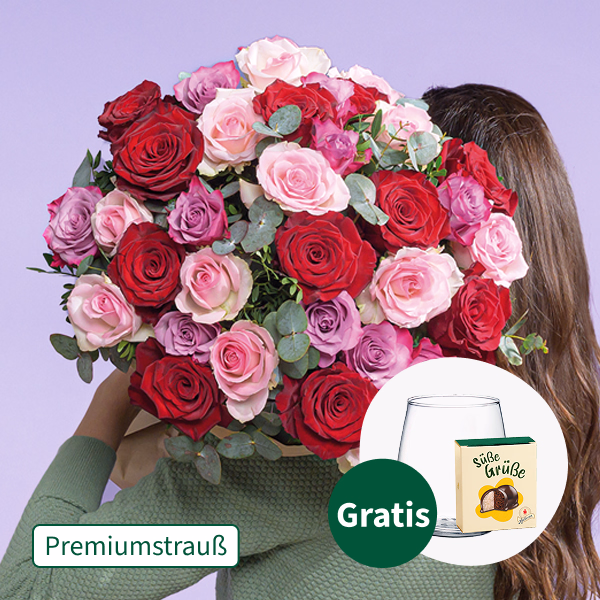 Premiumstrauß Lieblingsmensch mit Premiumvase & Halloren Kugeln