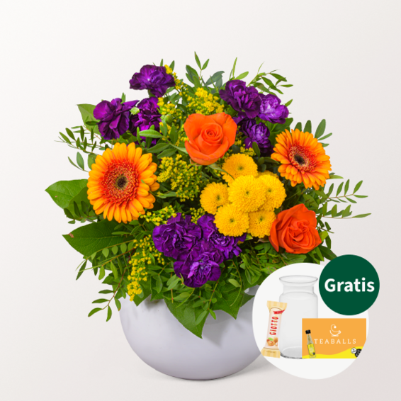 Blumenstrauß Goldener Herbst mit Vase & Teaballs & Ferrero Giotto 3er