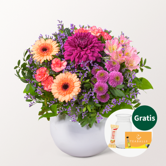 Blumenstrauß Herbstzauber mit Vase & Teaballs & Ferrero Giotto 3er