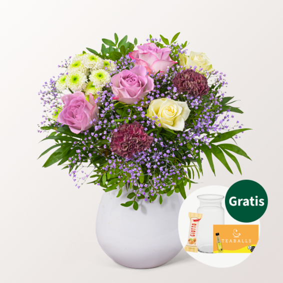 Blumenstrauß Blütenkuss mit Vase & Teaballs & Ferrero Giotto 3er