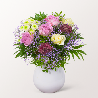 Blumenstrauß Blütenkuss mit Vase & Teaballs & Ferrero Giotto 3er