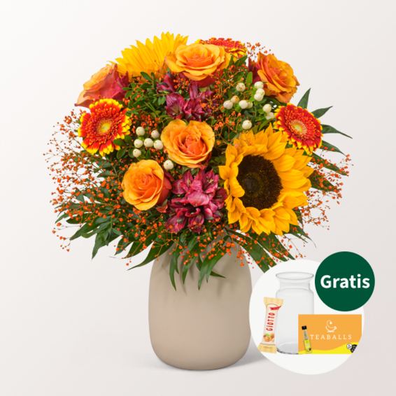 Blumenstrauß Landliebe mit Vase & Teaballs & Ferrero Giotto 3er
