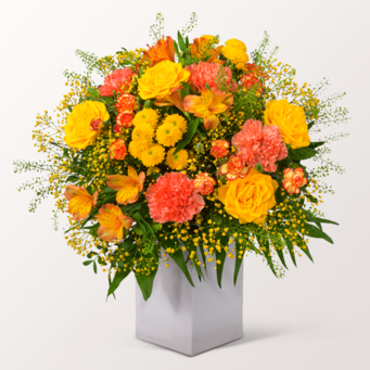 Premiumstrauß Herbstsonne mit Premiumvase & Ferrero Giotto 3er