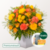 Premiumstrauß Herbstsonne mit Premiumvase & Teaballs & Ferrero Giotto 3er