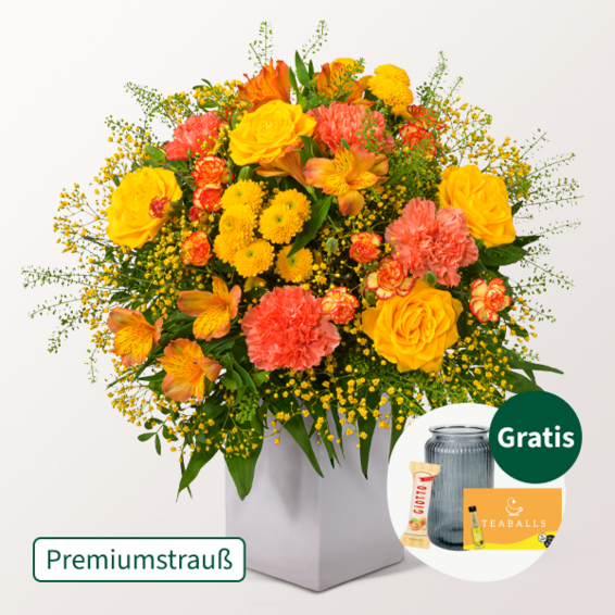 Premiumstrauß Herbstsonne mit Premiumvase & Teaballs & Ferrero Giotto 3er
