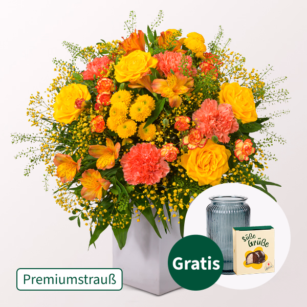 Premiumstrauß Herbstsonne mit Premiumvase & Halloren Kugeln
