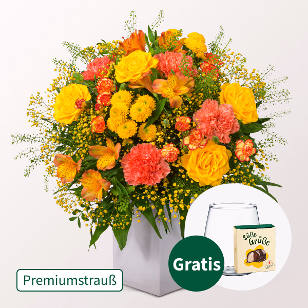 Premiumstrauß Herbstsonne mit Premiumvase & Halloren Kugeln