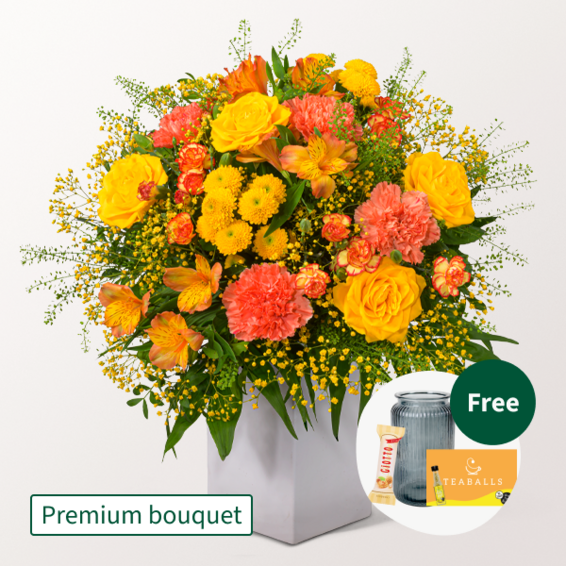 Premium Bouquet Herbstsonne with Premium Vase & Teaballs & 3 Ferrero Giotto