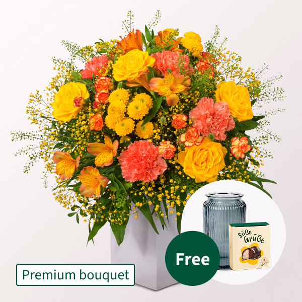 Premium Bouquet Herbstsonne with Premium Vase & Halloren Balls