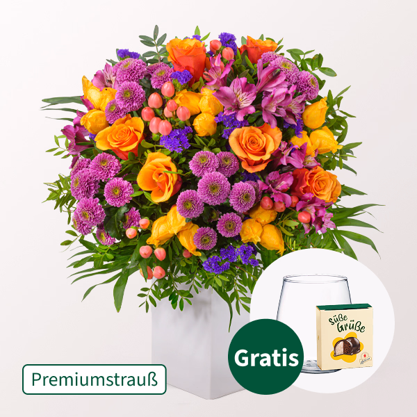 Premiumstrauß Herbsttanz mit Premiumvase & Halloren Kugeln