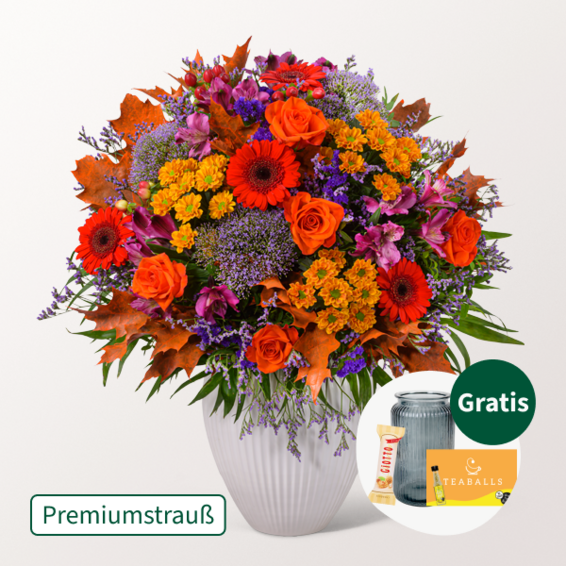 Premiumstrauß Lust auf Herbst mit Premiumvase & Teaballs & Ferrero Giotto 3er