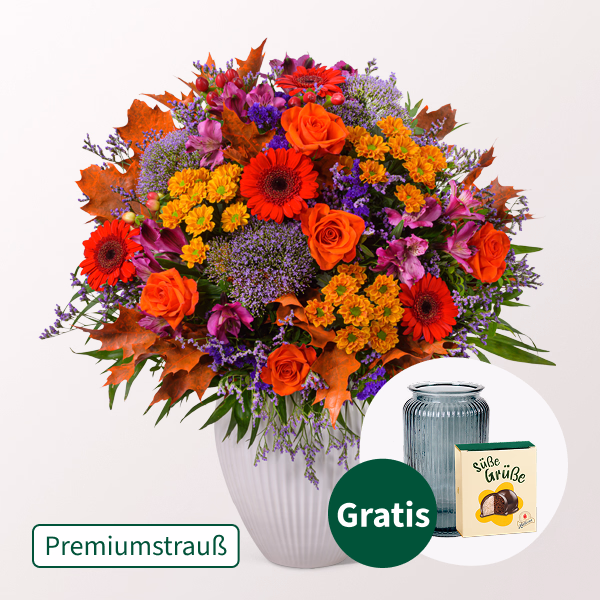 Premiumstrauß Lust auf Herbst mit Premiumvase & Halloren Kugeln