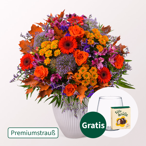 Premiumstrauß Lust auf Herbst mit Premiumvase & Halloren Kugeln