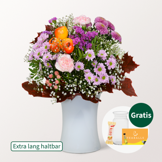 Blumenstrauß Herbstgefühle mit Vase & Teaballs & Ferrero Giotto 3er
