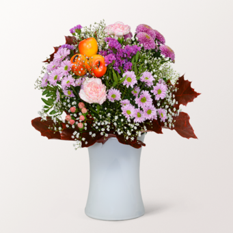 Blumenstrauß Herbstgefühle mit Vase & Teaballs & Ferrero Giotto 3er