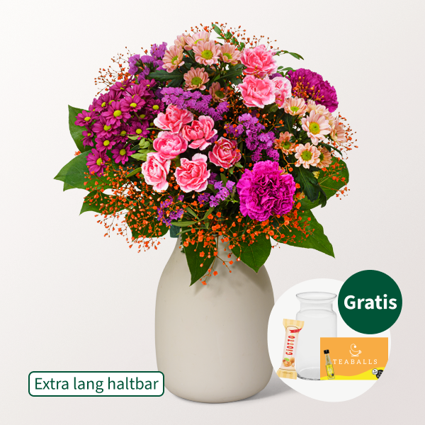 Blumenstrauß Herbstblüten mit Vase & Ferrero Giotto 3er & Teaballs