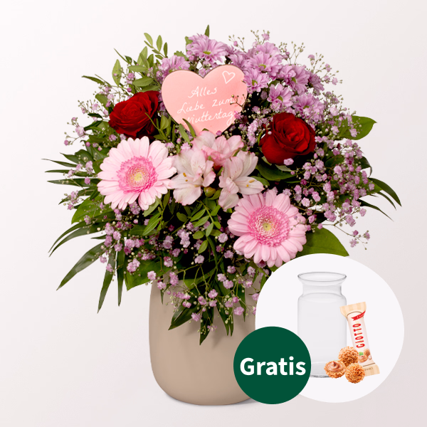 Blumenstrauß Mutterherz mit Vase & Ferrero Giotto 3er