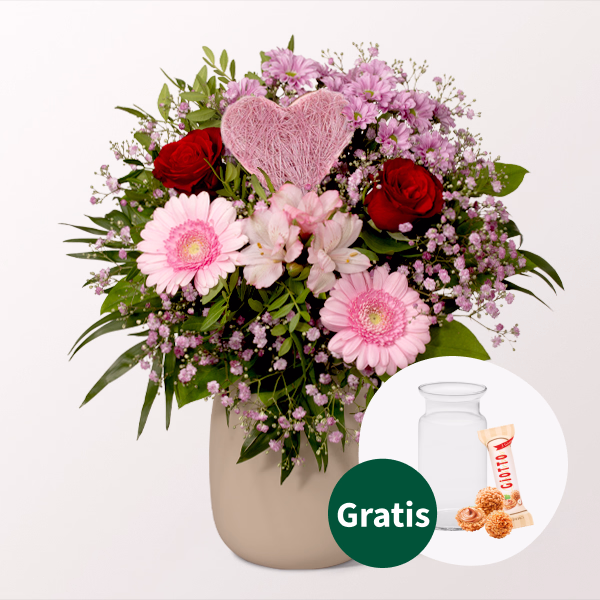 Blumenstrauß Mutterherz mit Vase & Ferrero Giotto