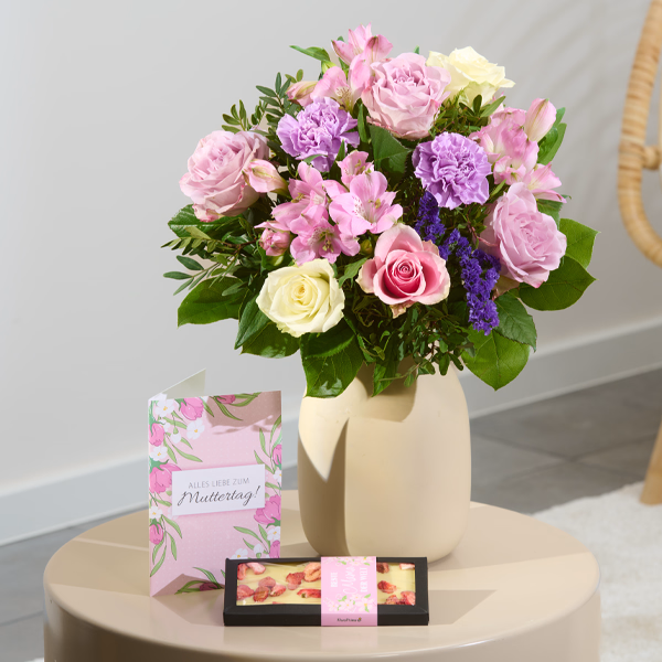 Blumenstrauß Danke mit Vase & Schokoladentafel & Motivkarte