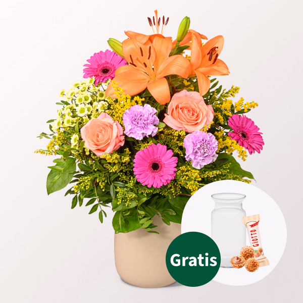 Blumenstrauß Beste Wünsche mit Vase & Ferrero Giotto 3er