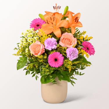 Blumenstrauß Beste Wünsche mit Vase & Ferrero Giotto 3er