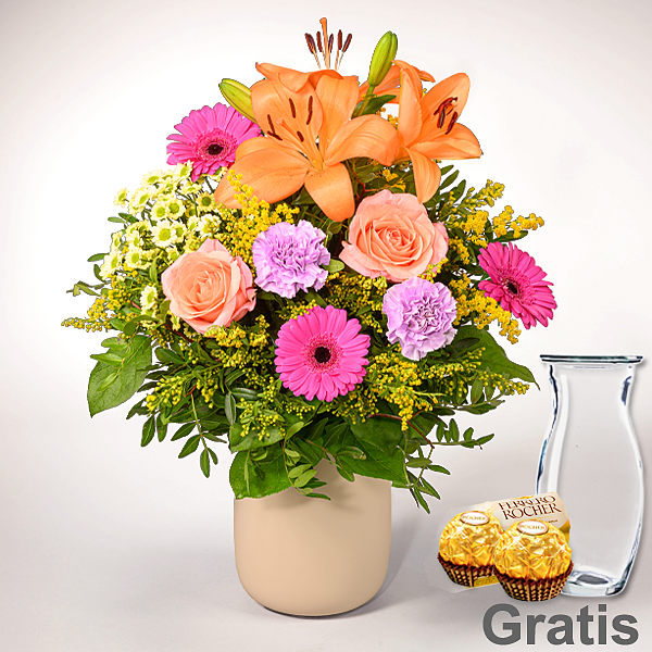 Blumenstrauß Beste Wünsche mit Vase & 2 Ferrero Rocher