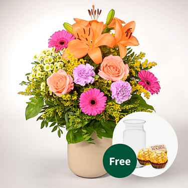 Flower Bouquet Beste Wünsche with vase & 2 Ferrero Rocher