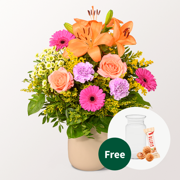 Flower Bouquet Beste Wünsche with vase & 3 Ferrero Giotto