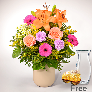 Flower Bouquet Beste Wünsche with Vase & 2 Ferrero Rocher