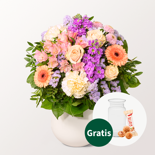 Blumenstrauß Muttertagstraum mit Vase & Ferrero Giotto 3er