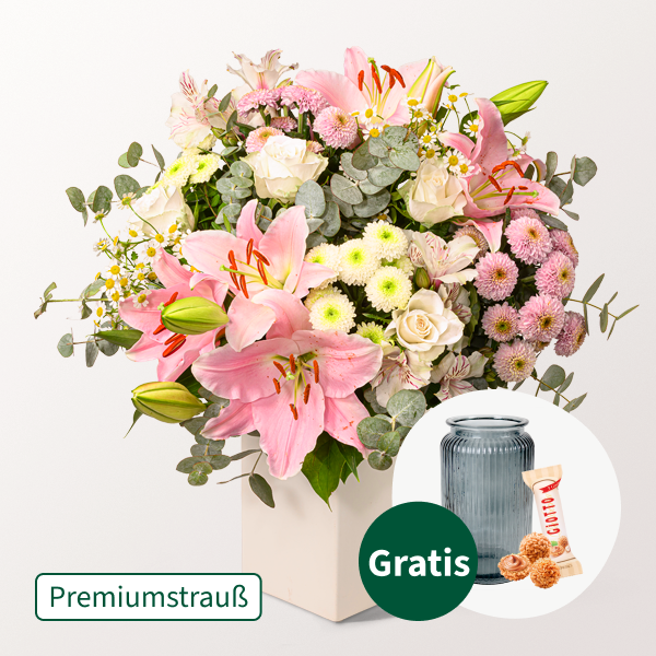 Premiumstrauß Ich danke Dir mit Premiumvase & Ferrero Giotto 3er