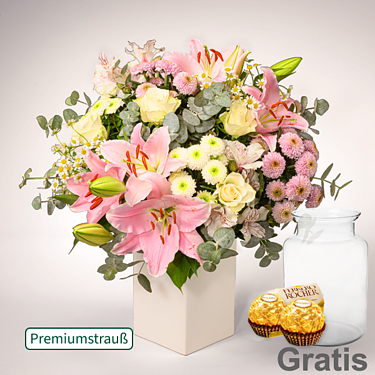 Premiumstrauß Blütenzauber mit Premiumvase & 2 Ferrero Rocher