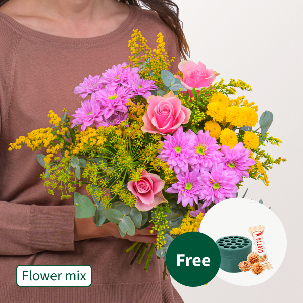 Flower Mix Blütengruß with Stem Holder & 3 Ferrero Giotto